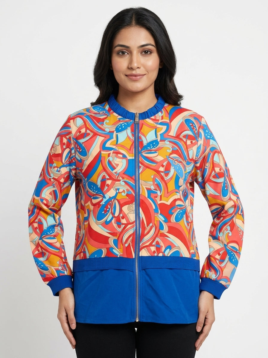 Vibrant Abstract Print Colorblock Bomber Jacket