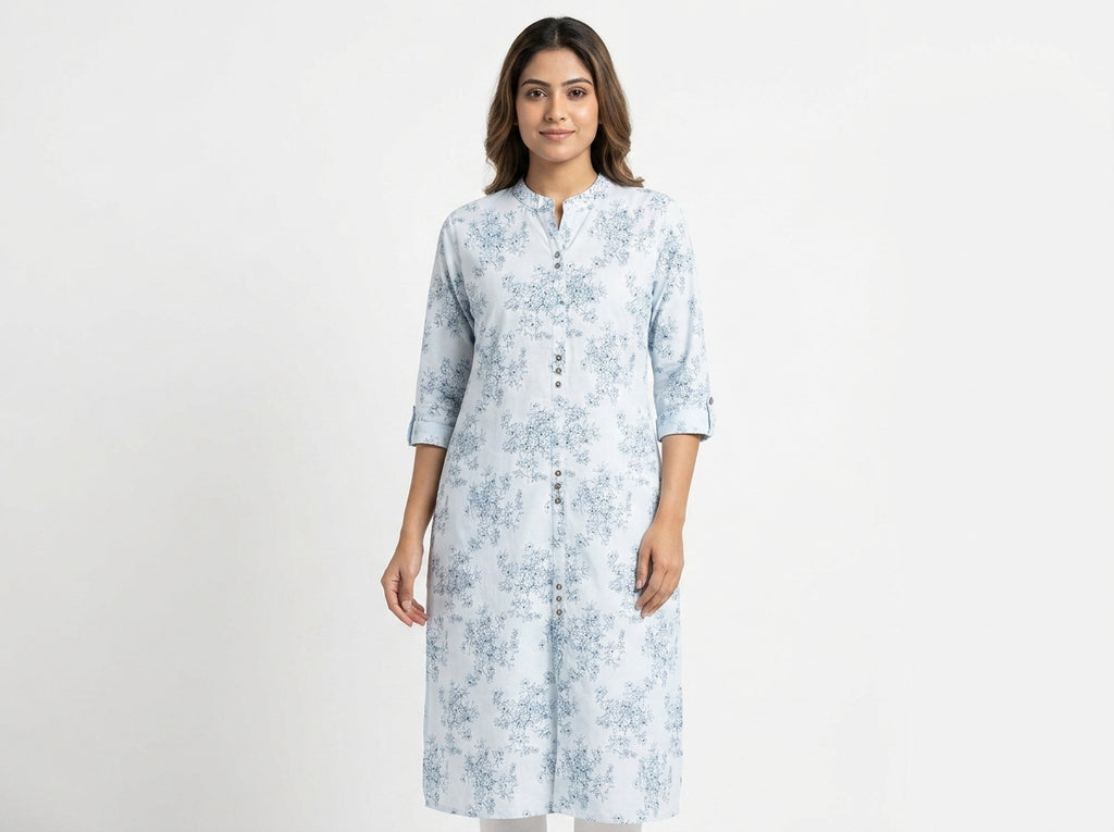 White & Light Blue Floral Printed Casual Kurti