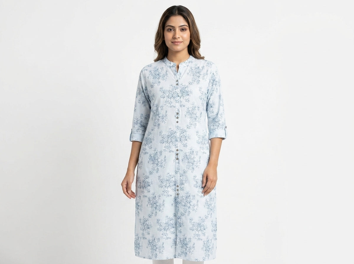 White & Light Blue Floral Printed Casual Kurti