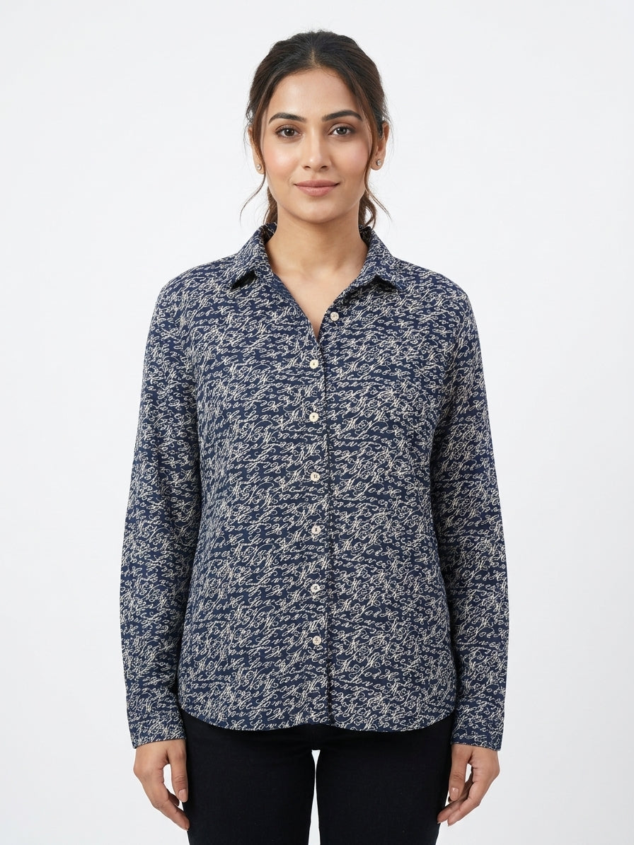 Navy Blue Script Print Casual Shirt