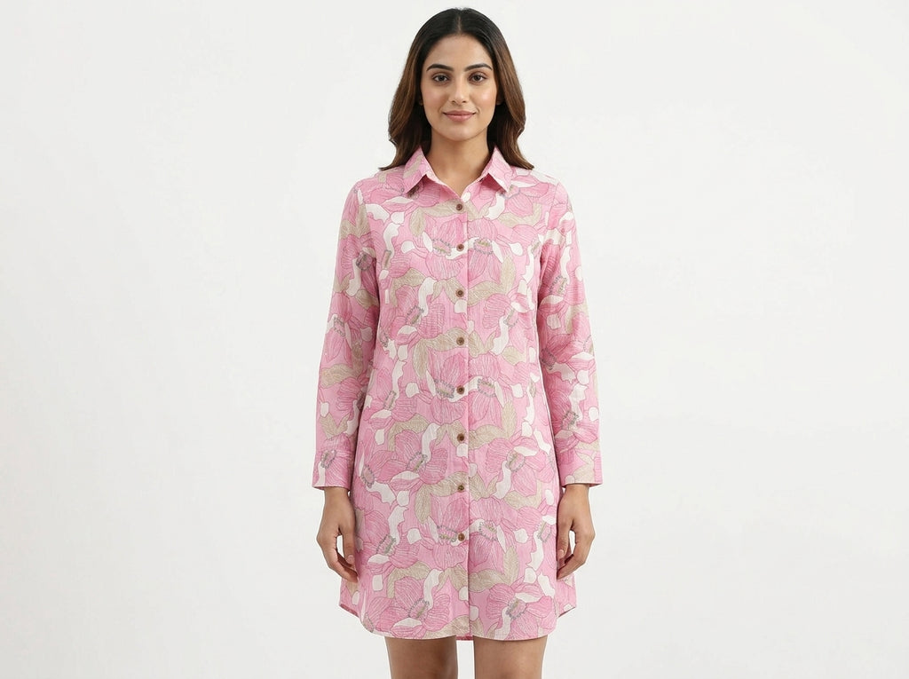 Pink Floral Printed Long Sleeve Tunic Top