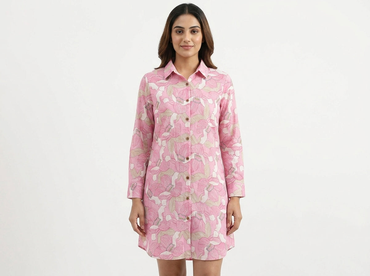 Pink Floral Printed Long Sleeve Tunic Top