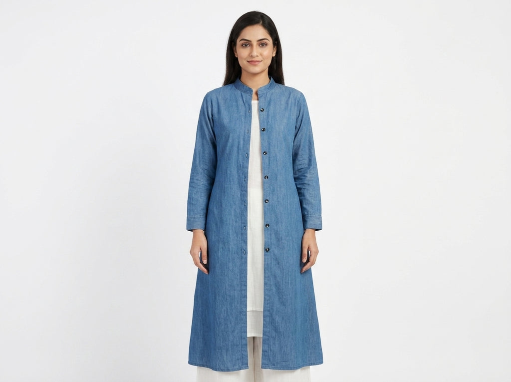 Blue Denim Longline Button-Front Jacket