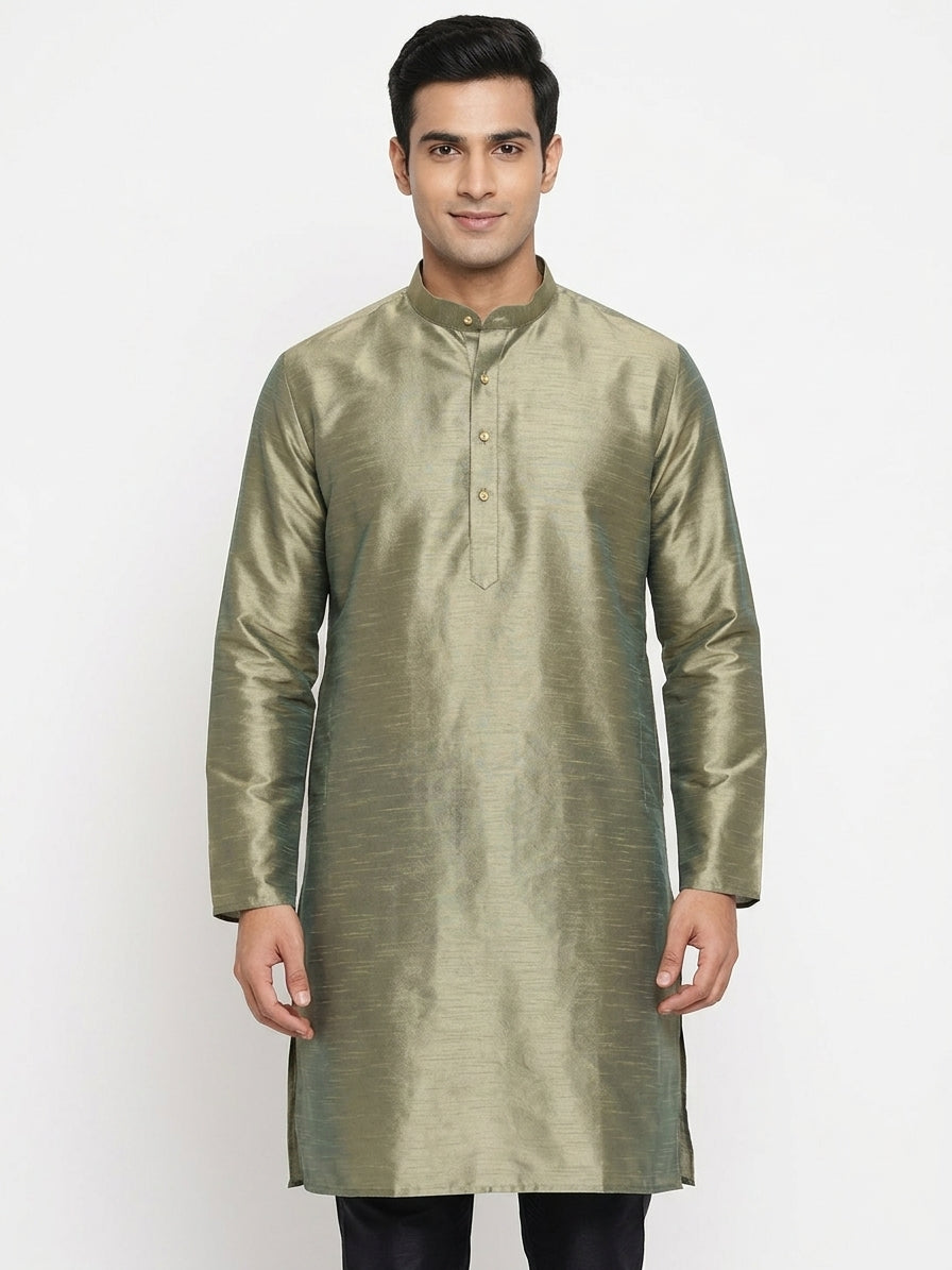 Men's Olive Solid Silk Kurta