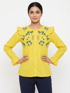 Yellow Floral Embroidered Round Neck Tunic Top
