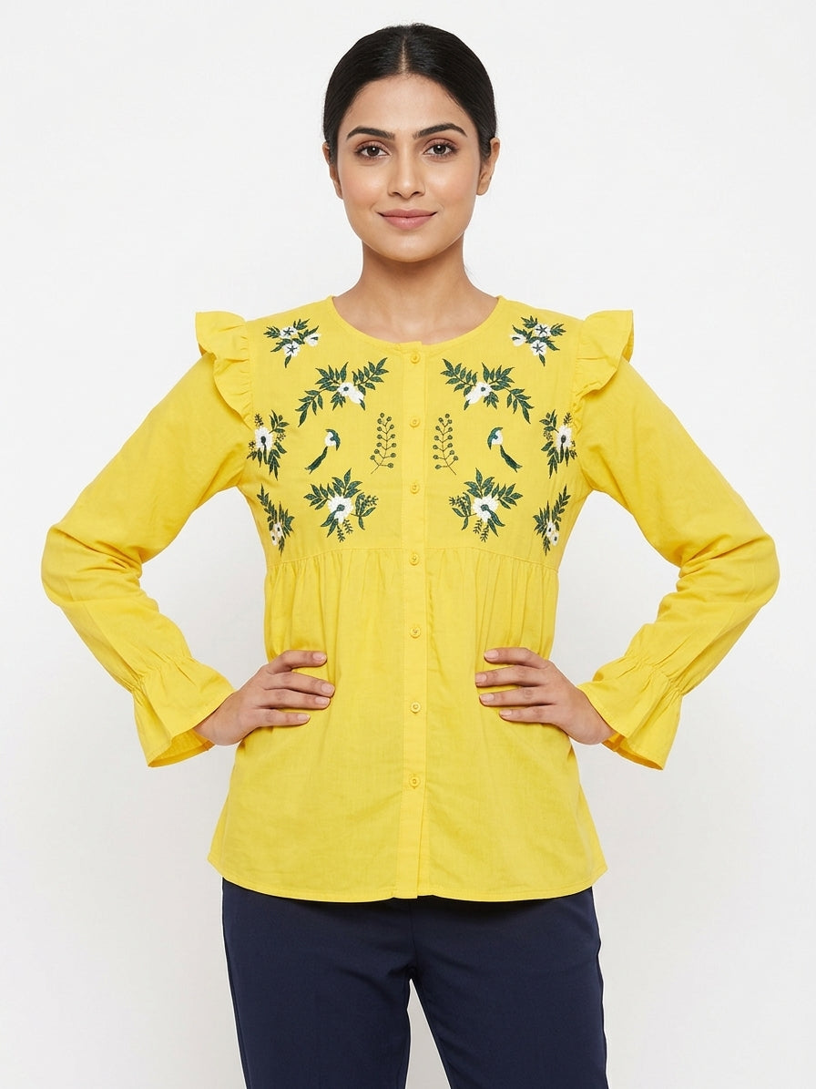 Yellow Floral Embroidered Round Neck Tunic Top