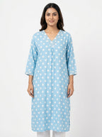 Light Blue Polka Dot Embellished V-Neck Kurti