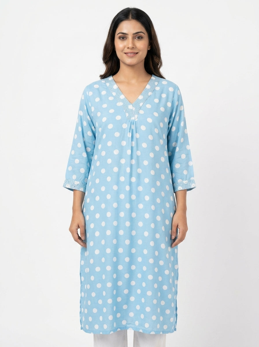 Light Blue Polka Dot Embellished V-Neck Kurti