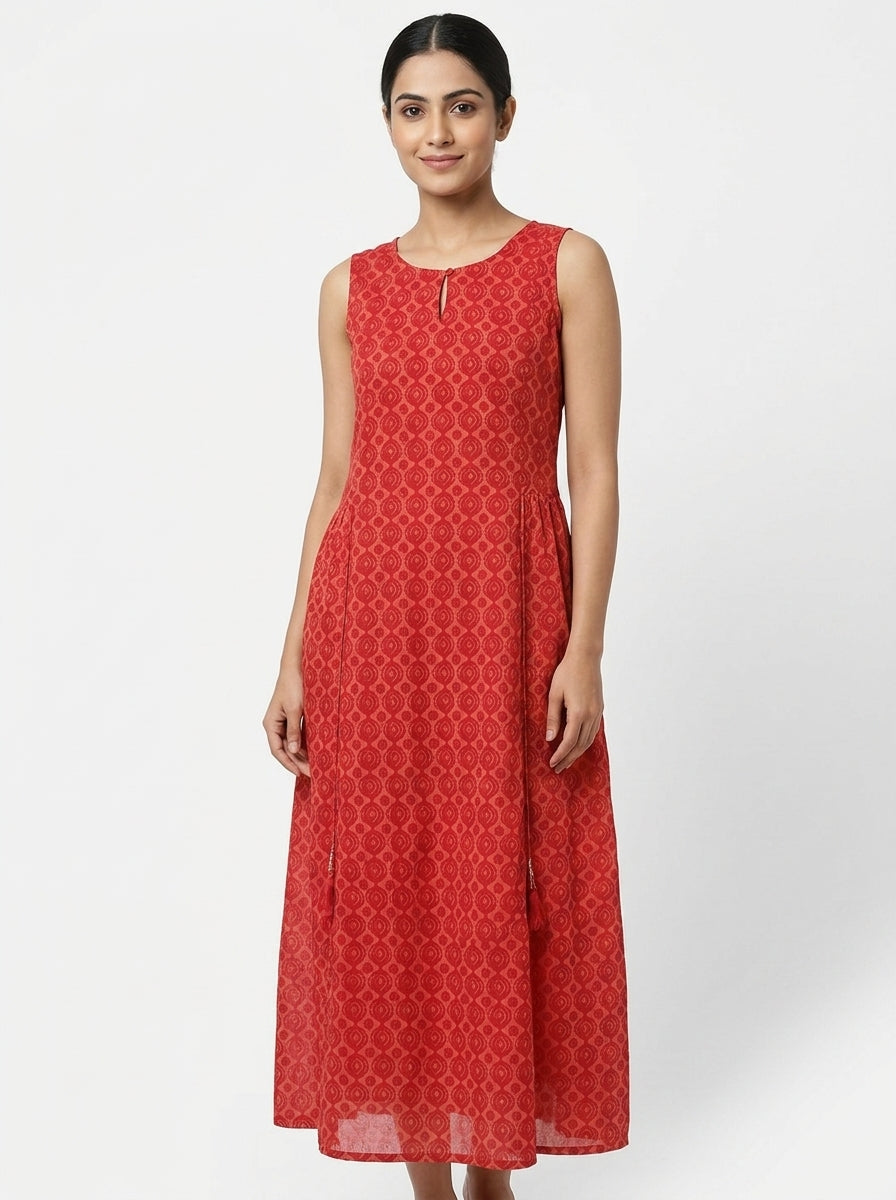 Red Ethnic Print Sleeveless Maxi Dress