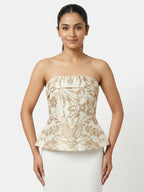 Women's Off White Botanical Print Strapless Flared Peplum Top