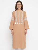 Tan Ethnic Embroidered Straight Kurti with Tassels