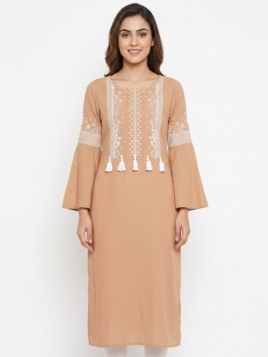 Tan Ethnic Embroidered Straight Kurti with Tassels