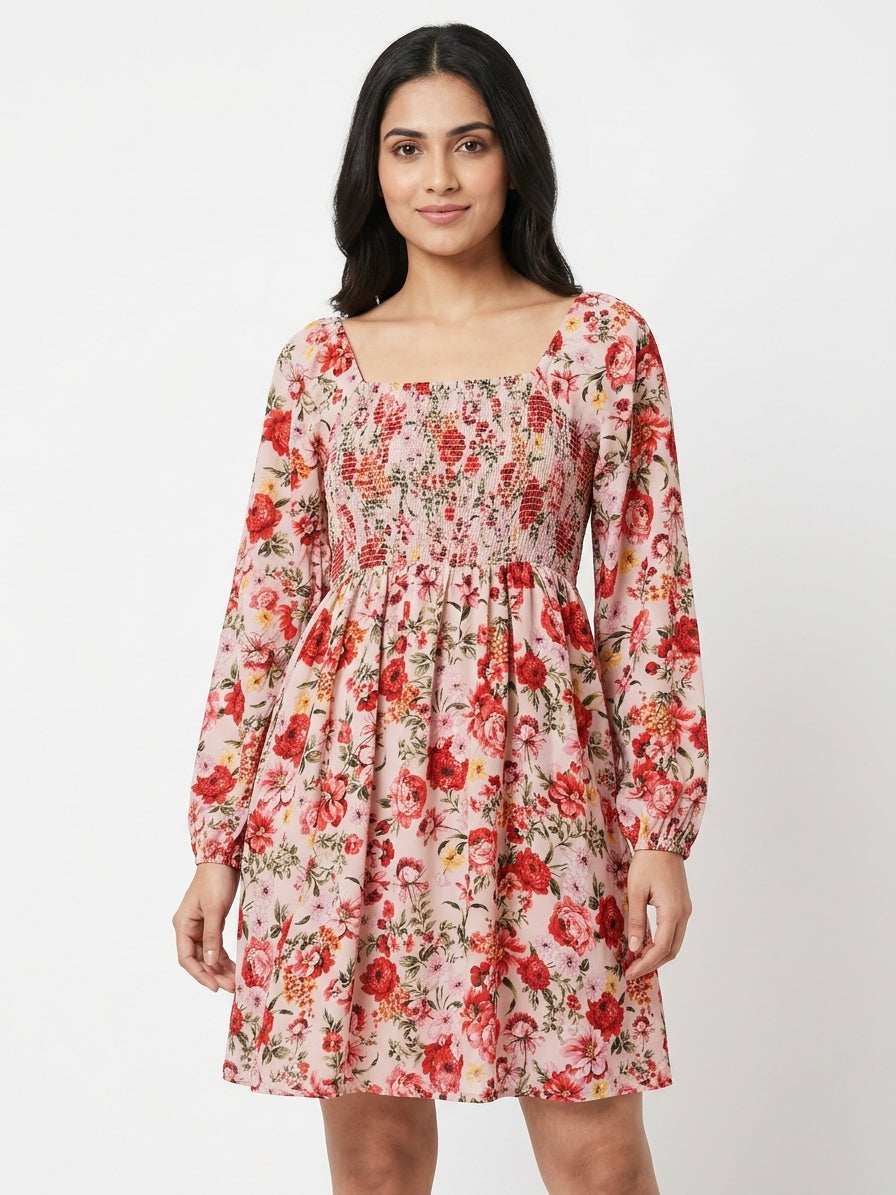 Multi Floral Print Smocked Bodice Long Sleeve Dress