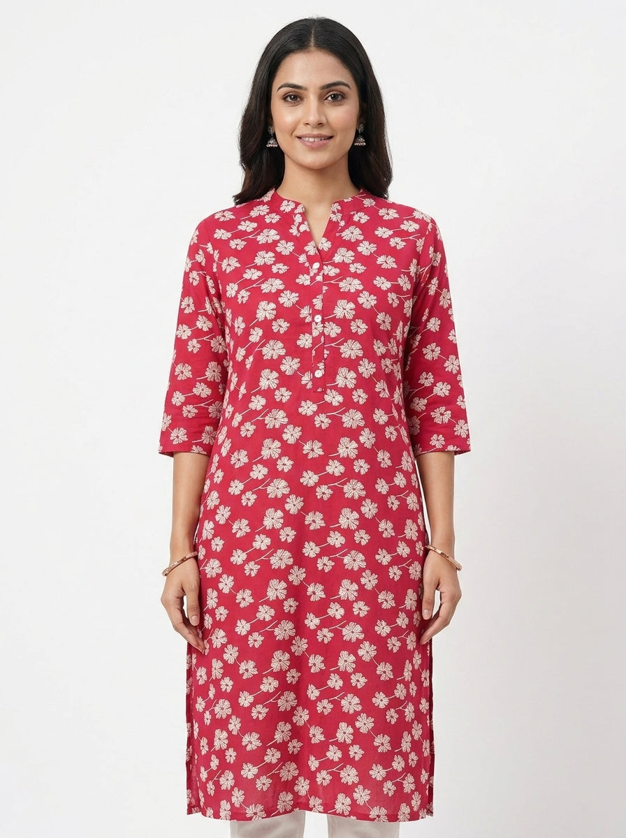 Red Floral Printed Rayon Kurti