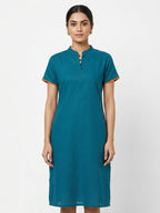 Teal Solid Casual Kurti with Mandarin Collar