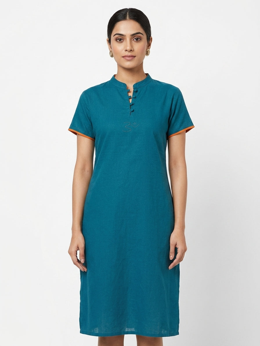 Teal Solid Casual Kurti with Mandarin Collar