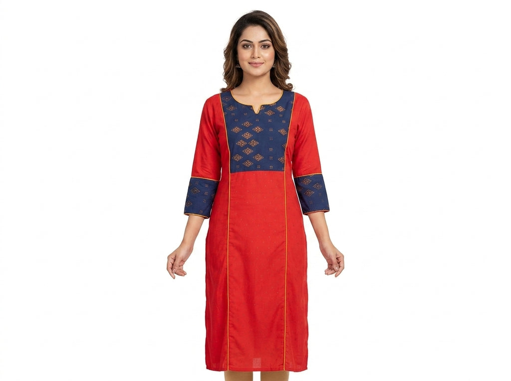 Red Printed Straight Kurti with Navy Yoke