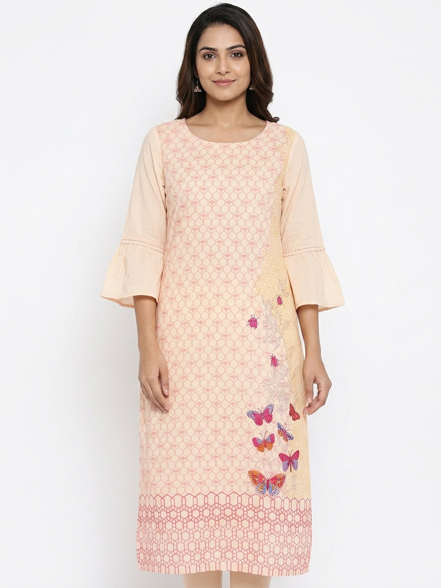 Cream Printed Kurti with Butterfly Design