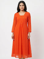 Orange Embellished Pleated Kurti