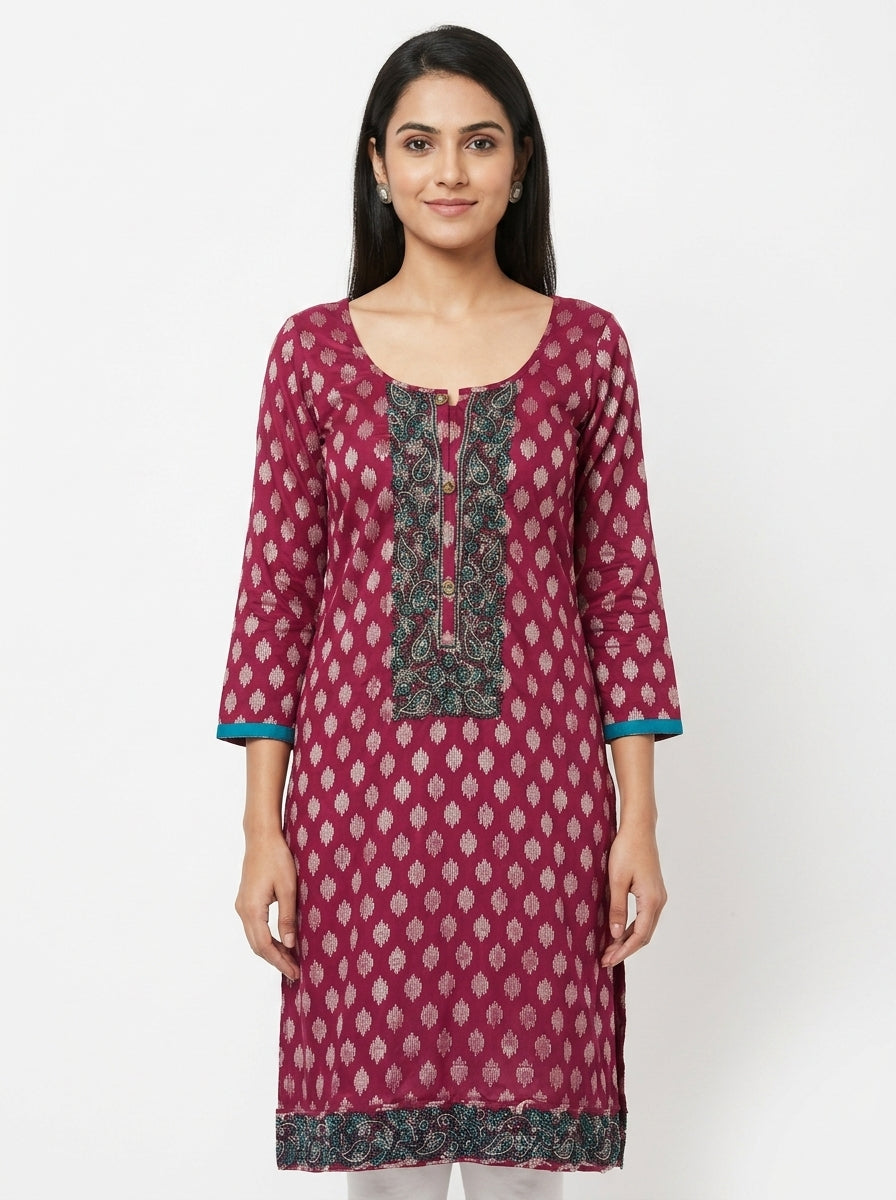 Women's Wine Printed Embellished Kurti