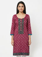Women's Wine Printed Embellished Kurti