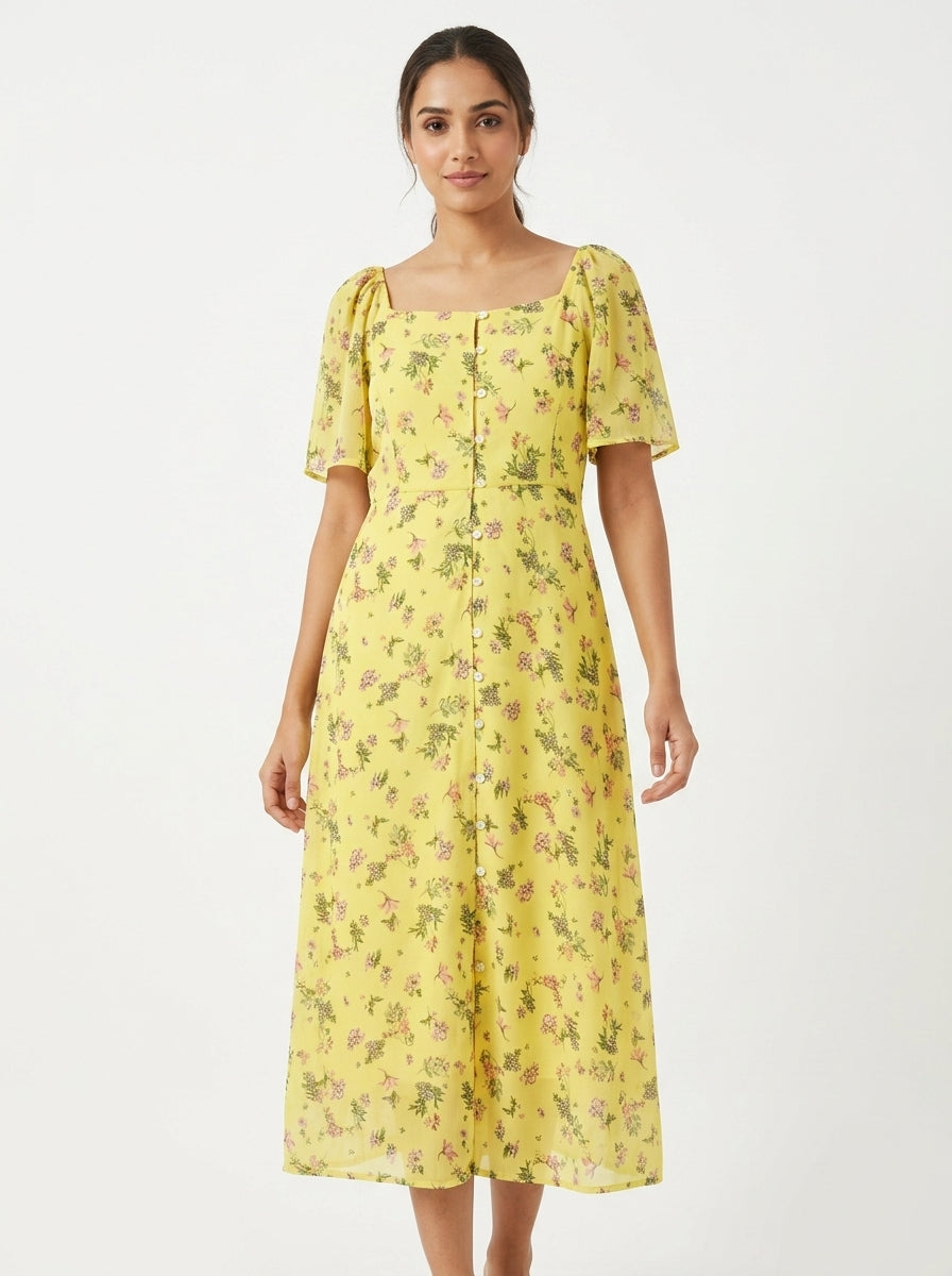 Yellow Floral Printed Square Neck Midi Dress
