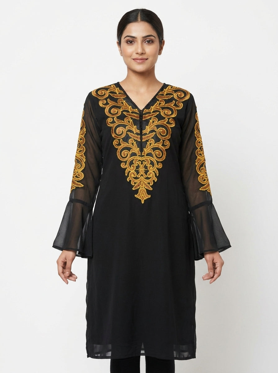 Black Embellished Straight Kurti with Bell Sleeves