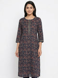 Navy Blue Floral Printed Straight Kurti
