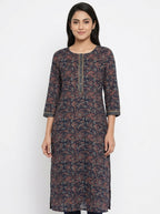Navy Blue Floral Printed Straight Kurti