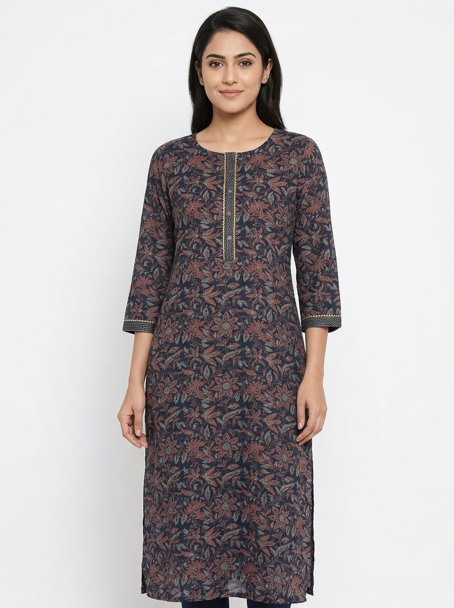 Navy Blue Floral Printed Straight Kurti