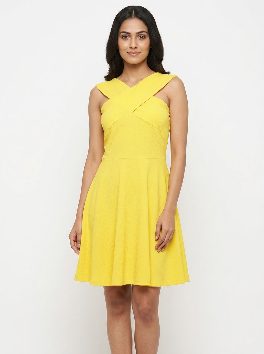 Women's Yellow Solid A-line Party Dress