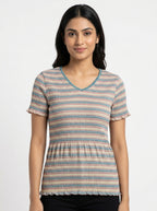 Women's Multi-Striped Smocked V-Neck Top