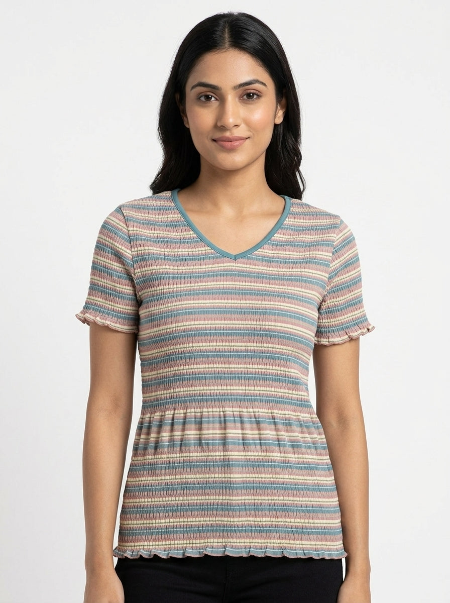 Women's Multi-Striped Smocked V-Neck Top