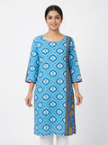 Women's Blue Ethnic Print Regular Fit Kurti