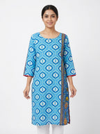 Women's Blue Ethnic Print Regular Fit Kurti