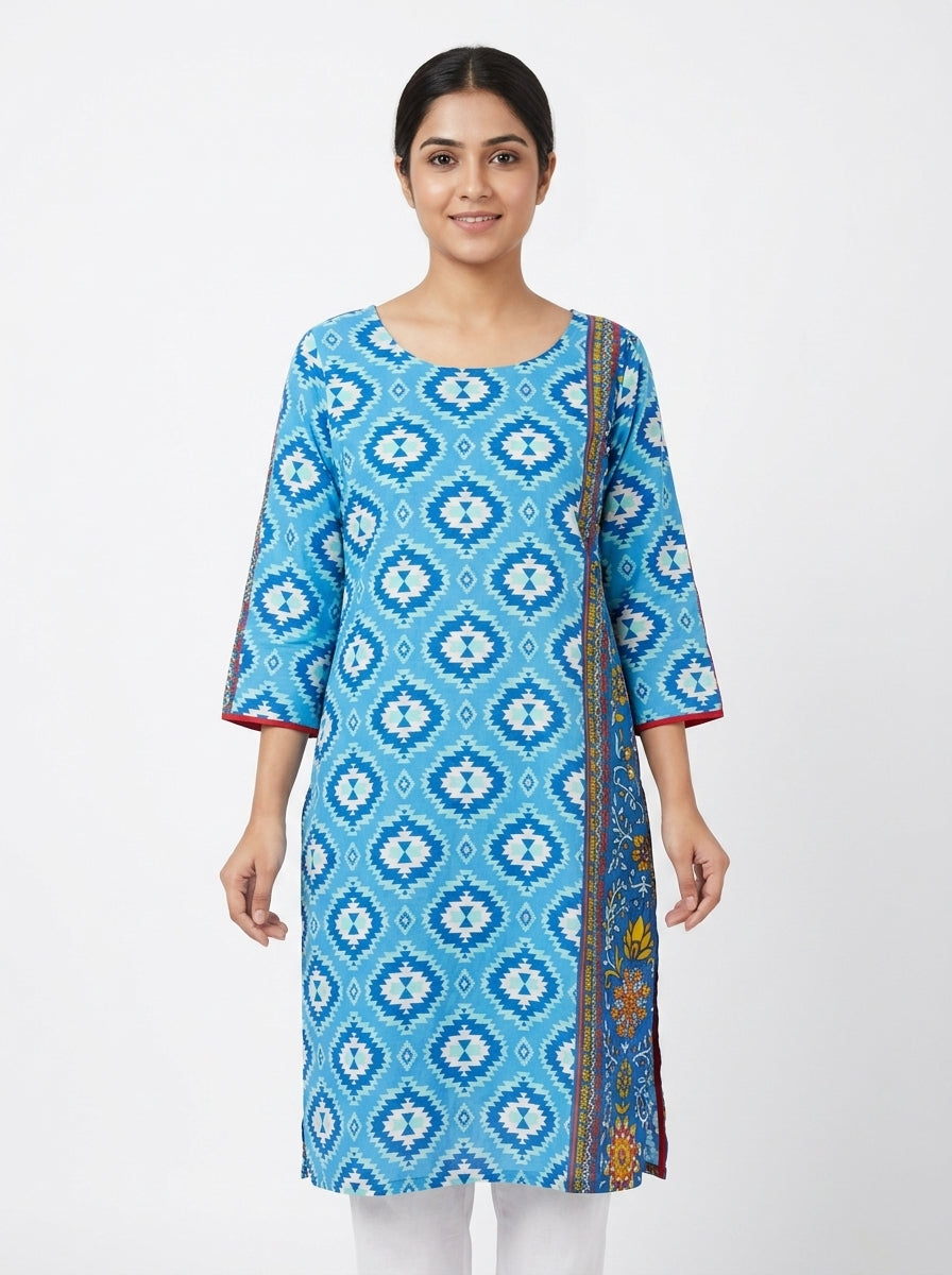 Women's Blue Ethnic Print Regular Fit Kurti