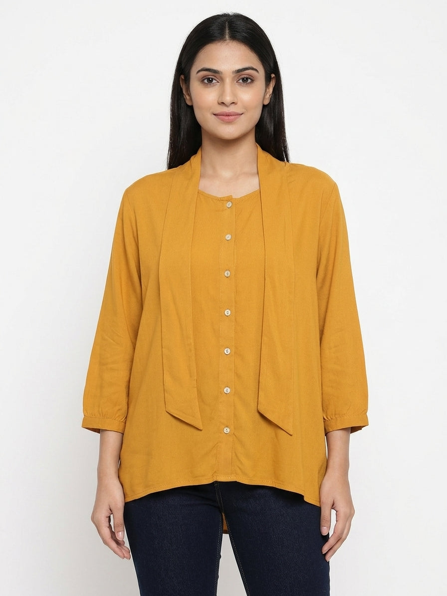 Mustard Solid Relaxed Fit Button-Front Top
