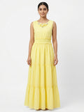 Yellow Embellished Tiered Flared Dress