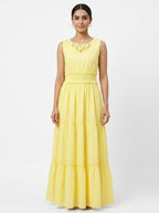 Yellow Embellished Tiered Flared Dress