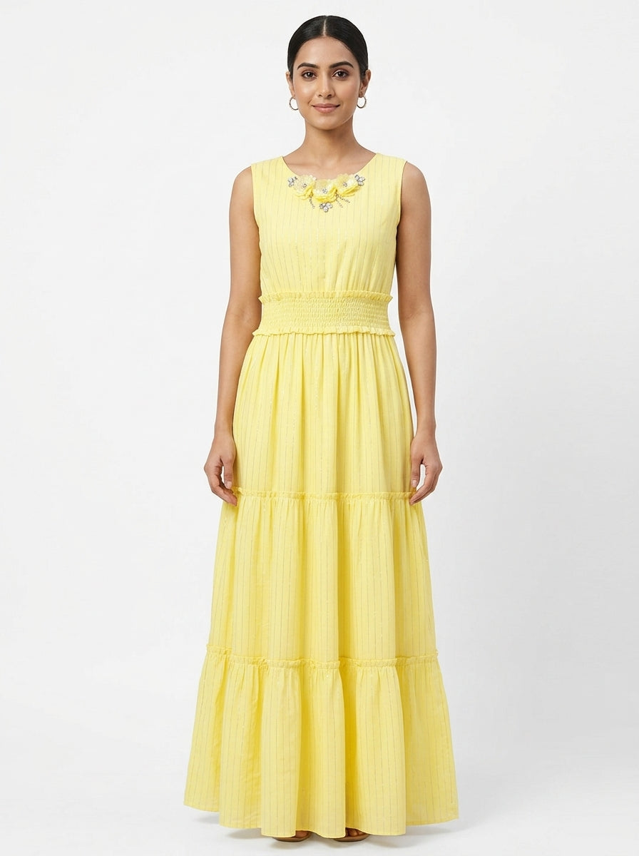 Yellow Embellished Tiered Flared Dress
