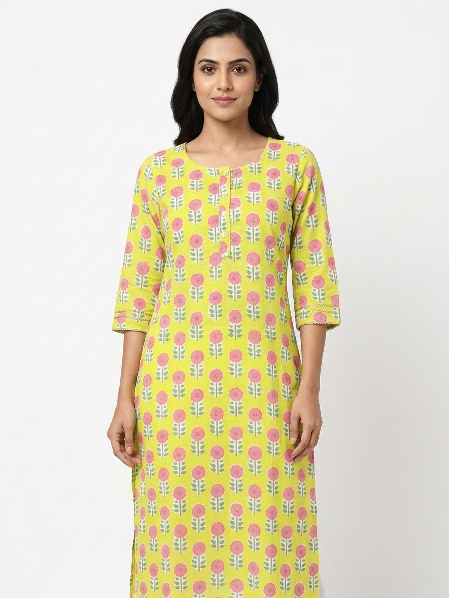 Lemon Floral Printed Cotton Kurti