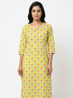 Lemon Floral Printed Cotton Kurti
