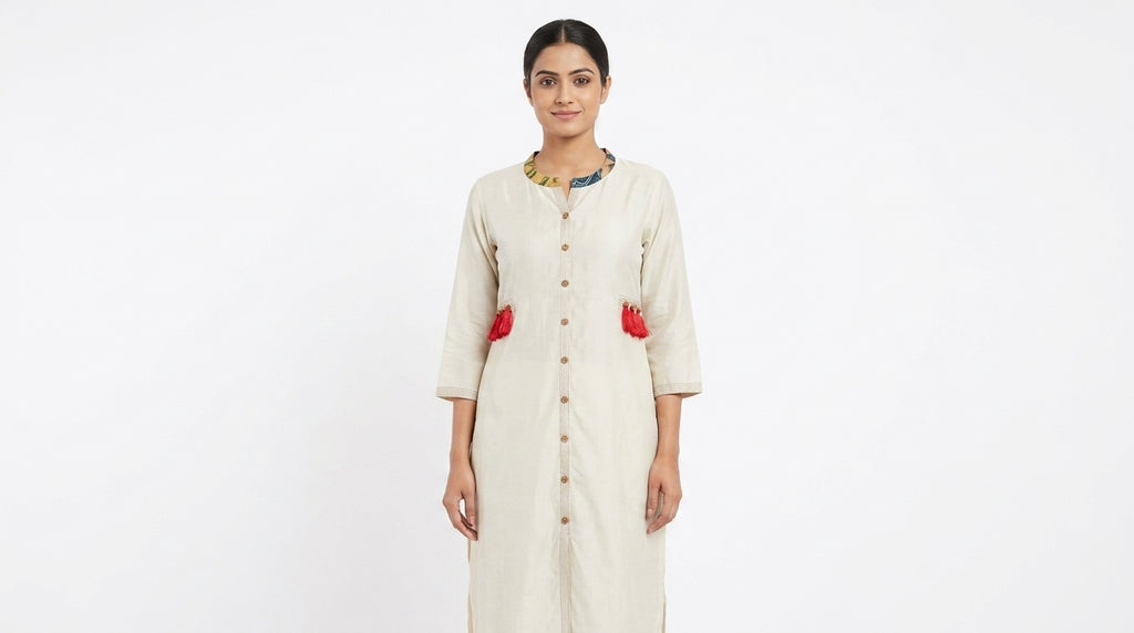Off White Solid Viscose Kurti with Tassels