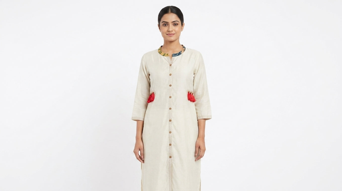 Off White Solid Viscose Kurti with Tassels
