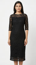Women's Black Self Design Round Neck Midi Dress