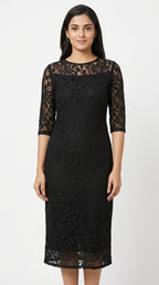 Women's Black Self Design Round Neck Midi Dress