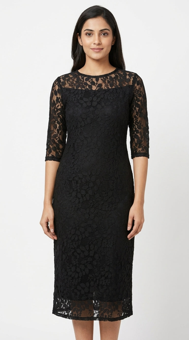 Women's Black Self Design Round Neck Midi Dress