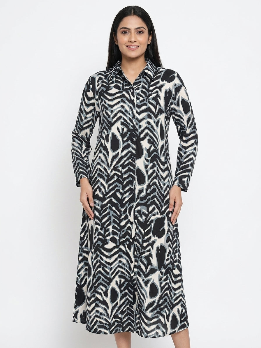 Women's Multi Abstract Print Button-Down Long Dress