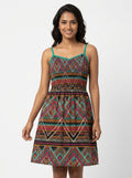 Multi-Color Geometric Print A-line Spaghetti Strap Dress