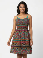 Multi-Color Geometric Print A-line Spaghetti Strap Dress